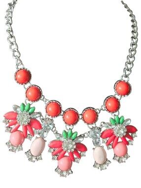 Charming Charlie Statement Coral & Pink Floral Bib Necklace